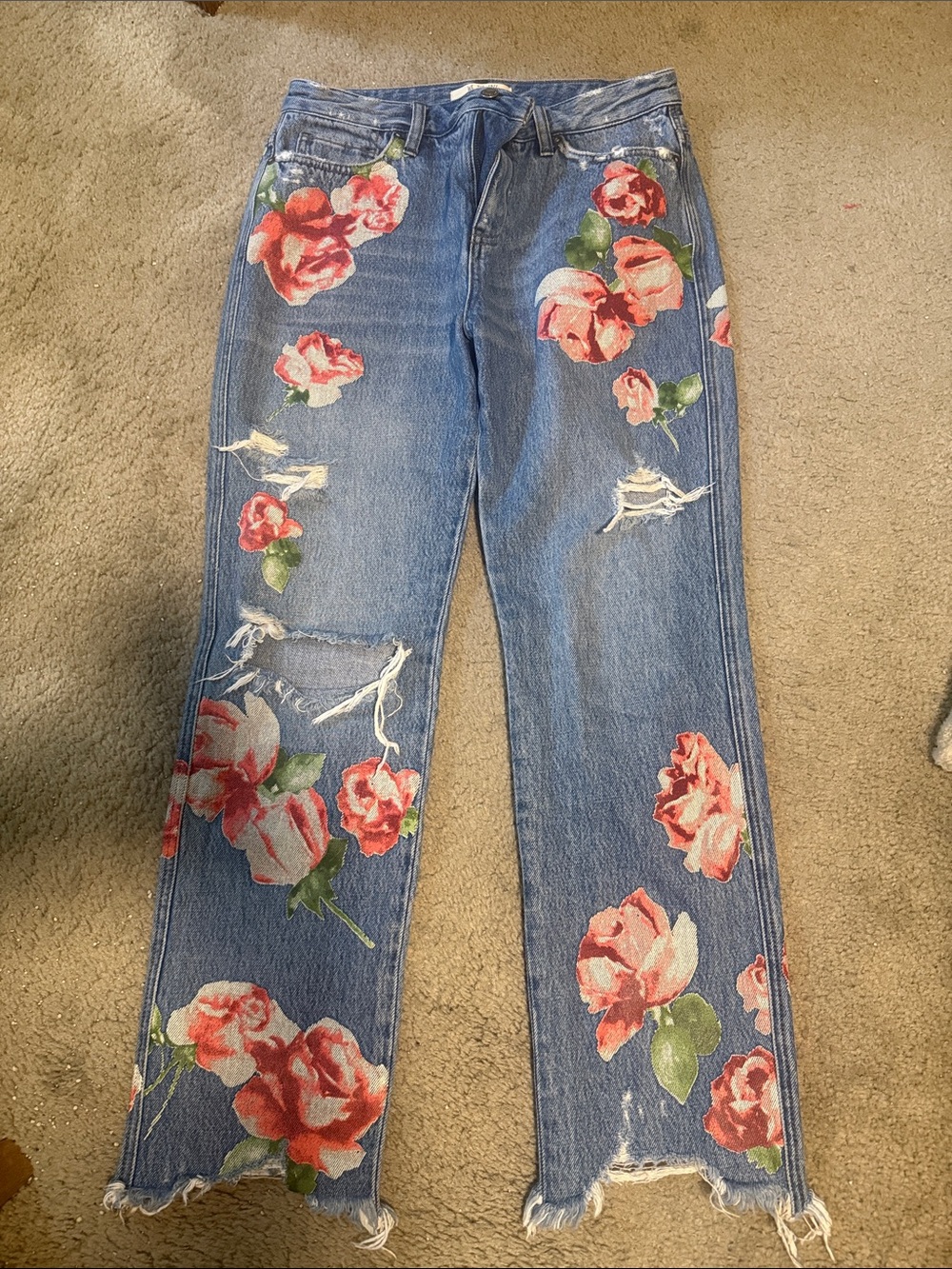 We The Free Blue Jeans with Pink Floral Print Sz 28
